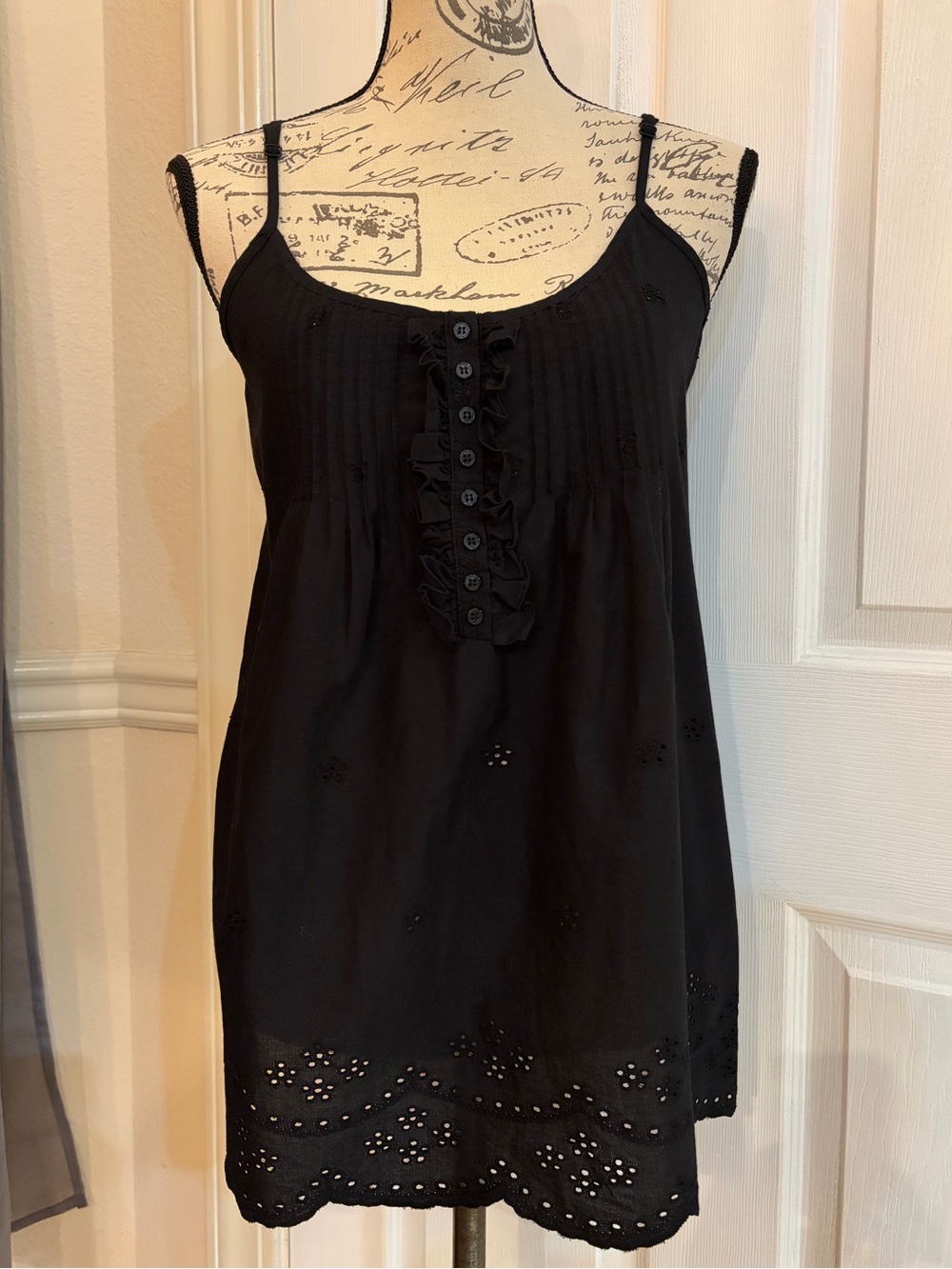 Copper Key Black Eyelet Ruffle Front Spaghetti Strap Tank Top